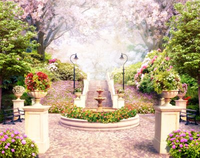 фотообои Сад с фонтаном
